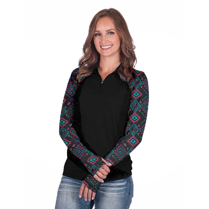 Cowgirl Tuff Perfect For Fall Black & Aztec Print Women's Top