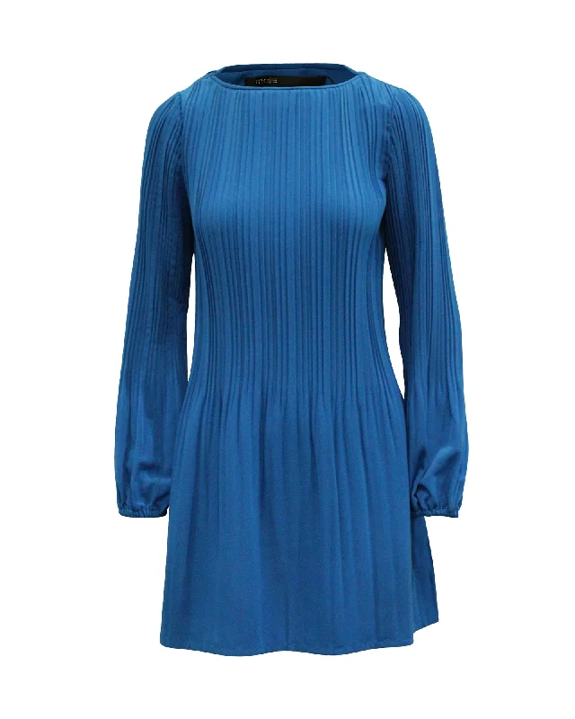 Maje Pleated Shift Dress in Blue Polyester