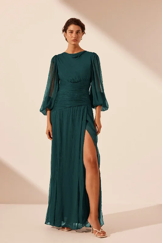 LAYLA PANELLED LONG SLEEVE MAXI DRESS - DARK TEAL