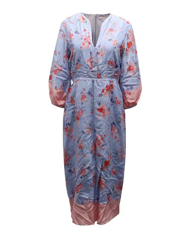 Vilshenko Floral Printed Long Sleeve Dress in Blue Silk