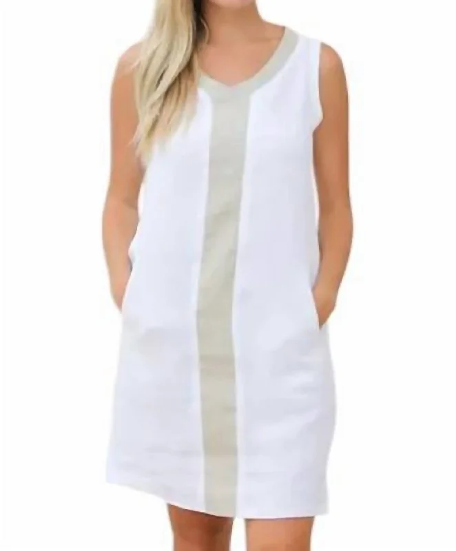 V-Neck Mini Dress With Gold Stripe In White