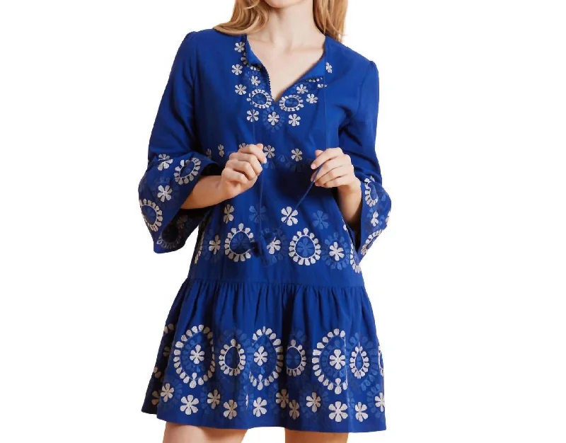 Holly Embroidered Skimmer Dress In Military Blue