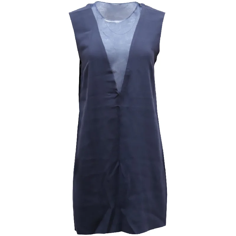 Joseph Colorblock Deep V Shift Dress in Navy Blue Polyester