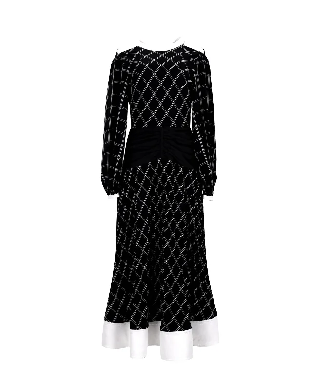 Self-Portrait Waist Panel Split Sleeve Windowpane Check Midi Dress in Black Polyester