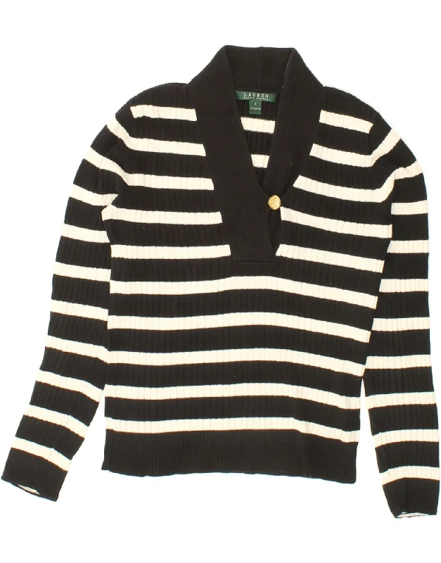 RALPH LAUREN Womens V-Neck Jumper Sweater UK 10 Small Black Striped Cotton