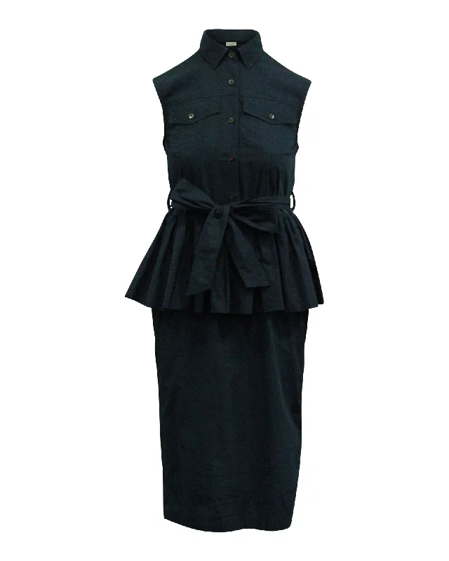 Dries Van Noten Peplum Dress in Navy Blue Cotton