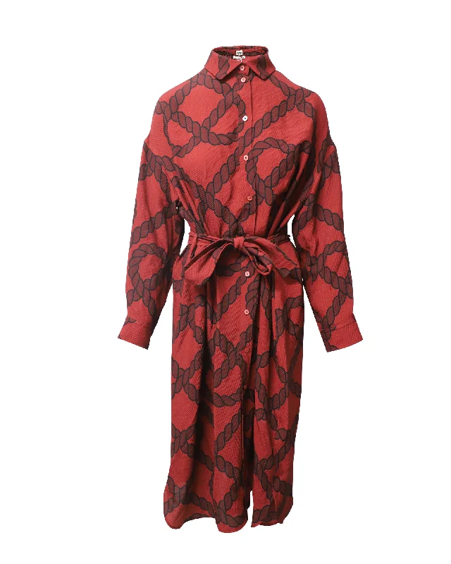 Hermes Rope Print Shirt Dress in Red Silk