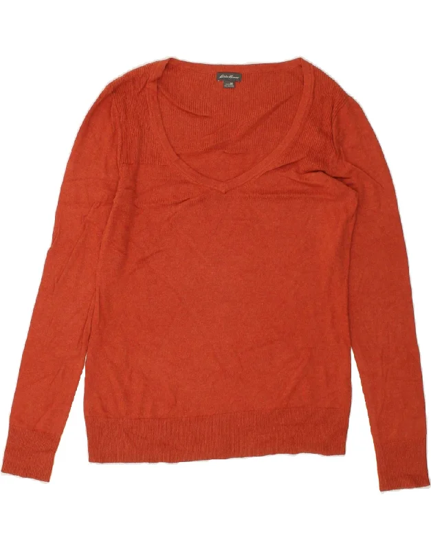 EDDIE BAUER Womens V-Neck Jumper Sweater UK 14 Medium Orange Cotton