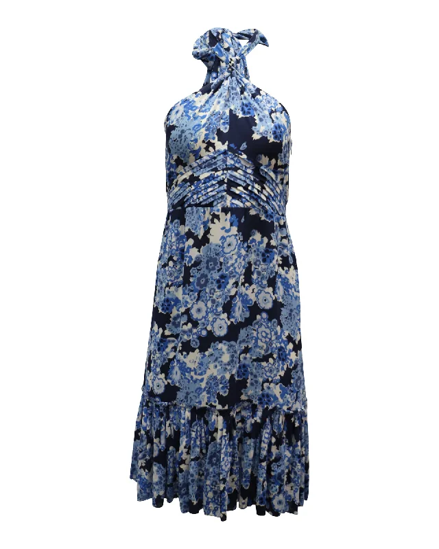 Tory Burch Halter Midi Dress in Floral Blue Silk