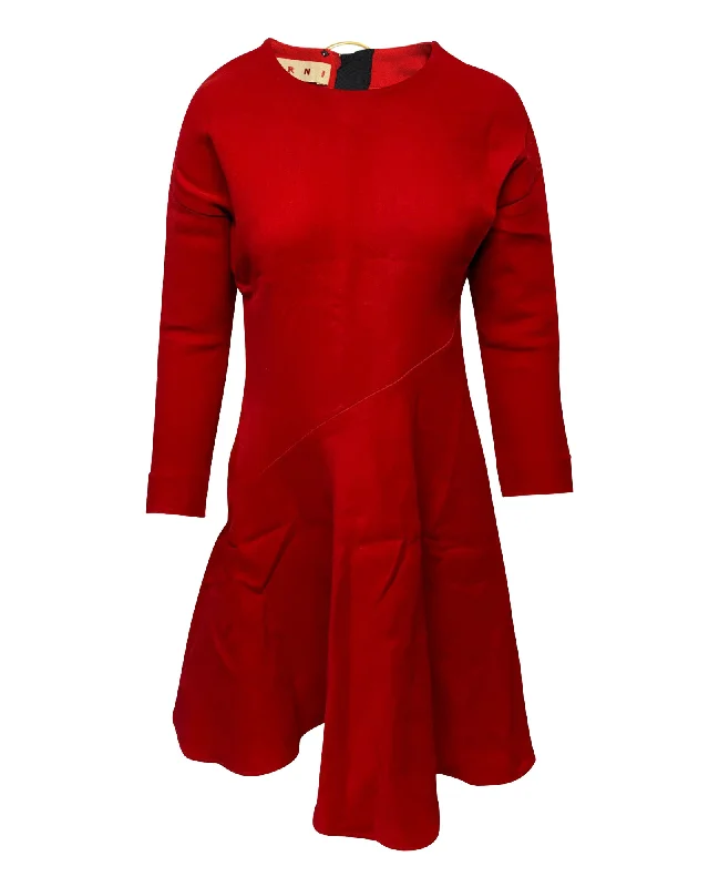 Marni Flared Hem Long Sleeved Dress in Red Silk