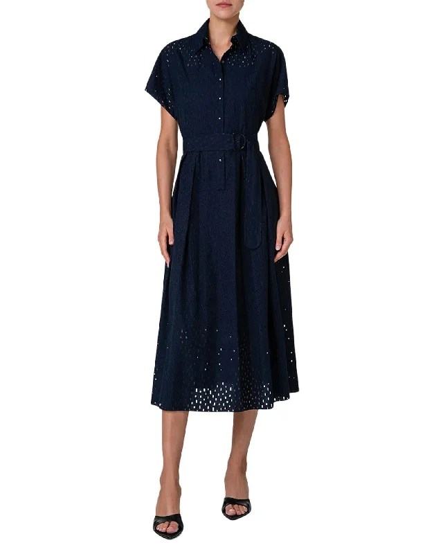 Lasercut Grid Cotton Poplin Dress With Belt In Navy