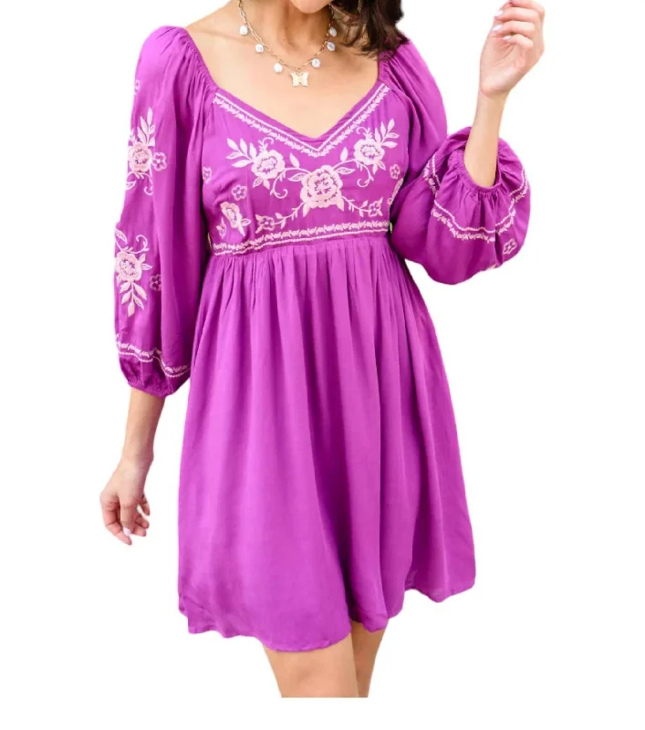 Talks Of Color Embroidered Dress In Purple