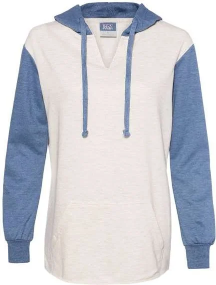 MV Sport W20145 Womens French Terry Hooded Pullover with Colorblocked Sleeves - Stonewash Oatmeal