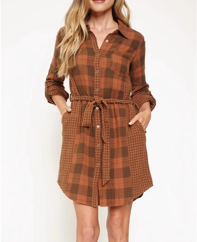 Plaid Shirt Dress In Rust