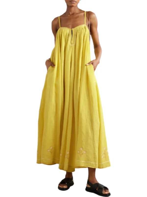 Zenobia Pintucked Embroidered Linen Maxi Dress In Yellow