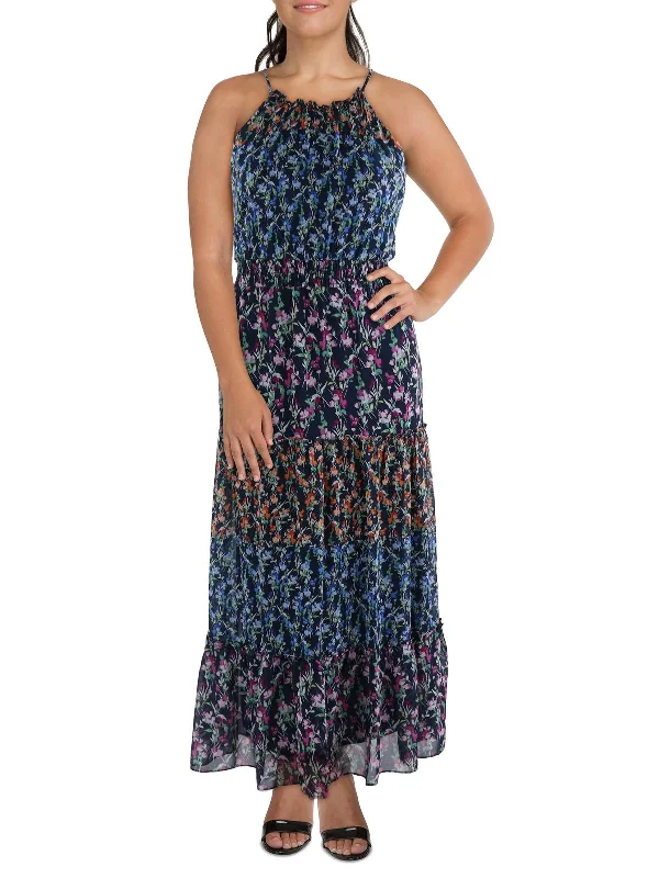 Womens Chiffon Ruffled Trim Maxi Dress