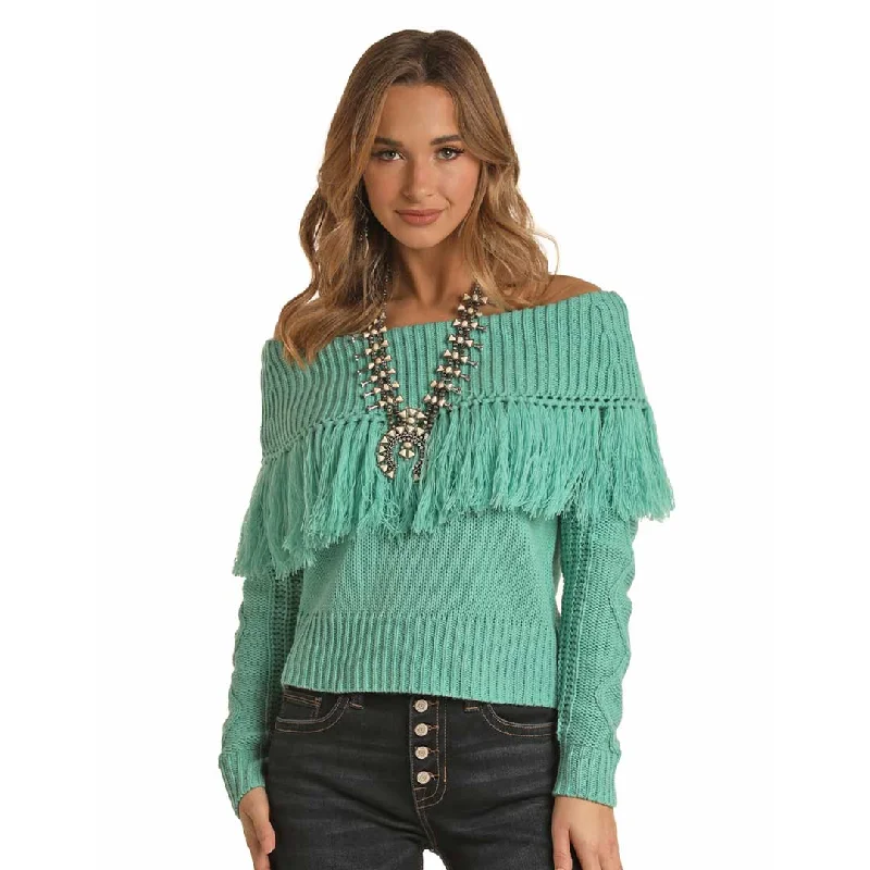 Rock & Roll Cowgirl Women's Off-Shoulder Tassel  Sweater