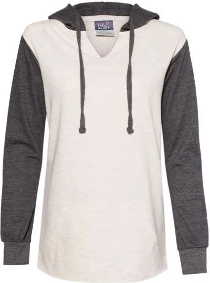 MV Sport W20145 Womens French Terry Hooded Pullover with Colorblocked Sleeves - Charcoal Oatmeal