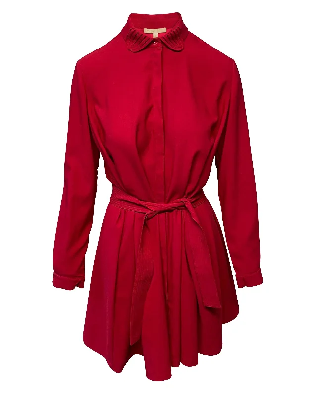 Maje Longsleeve Belted Short Dress in Red Polyester