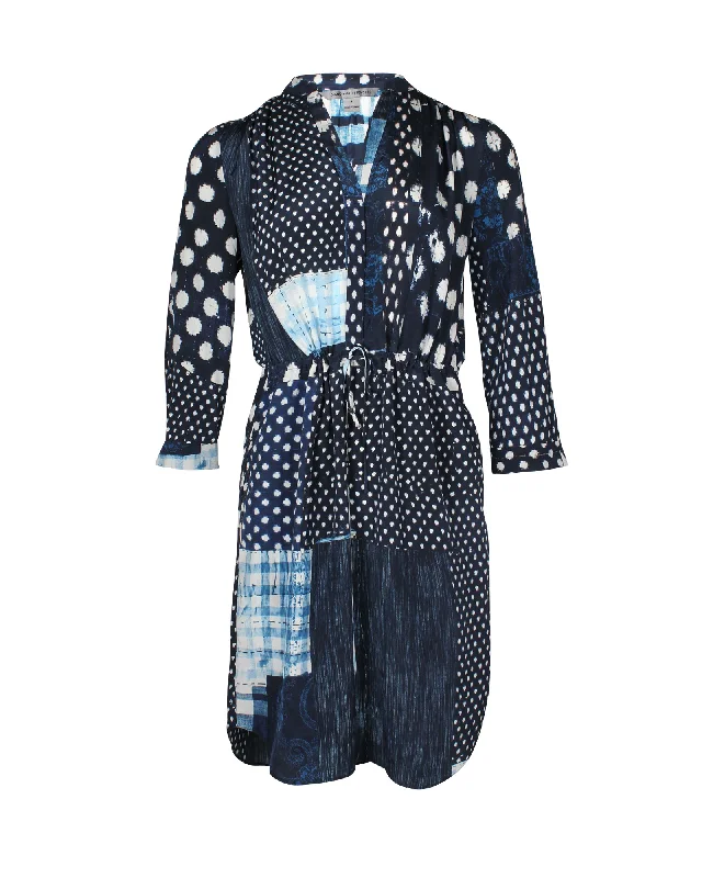 Diane Von Furstenberg Polka Dot Patch Print Dress in Navy Blue Silk