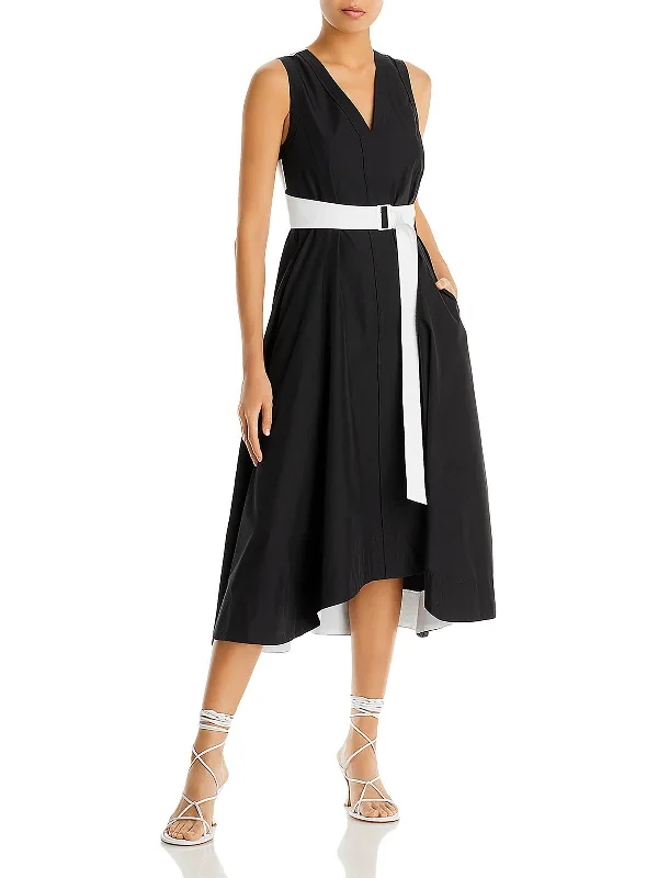 Womens V-Neck Belted Midi Dress