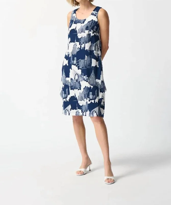 Gauze Scenery Print Cocoon Dress In Midnight Blue/vanilla