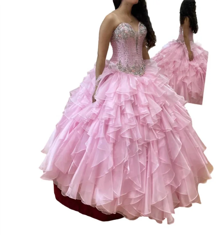 Beaded Floral Accent Quinceañera Dress In Light Pink