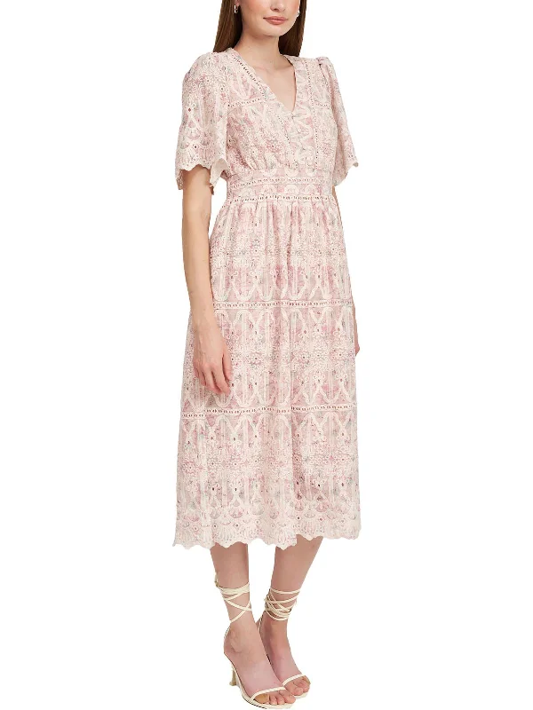 Kiera Womens Eyelet Floral Midi Dress