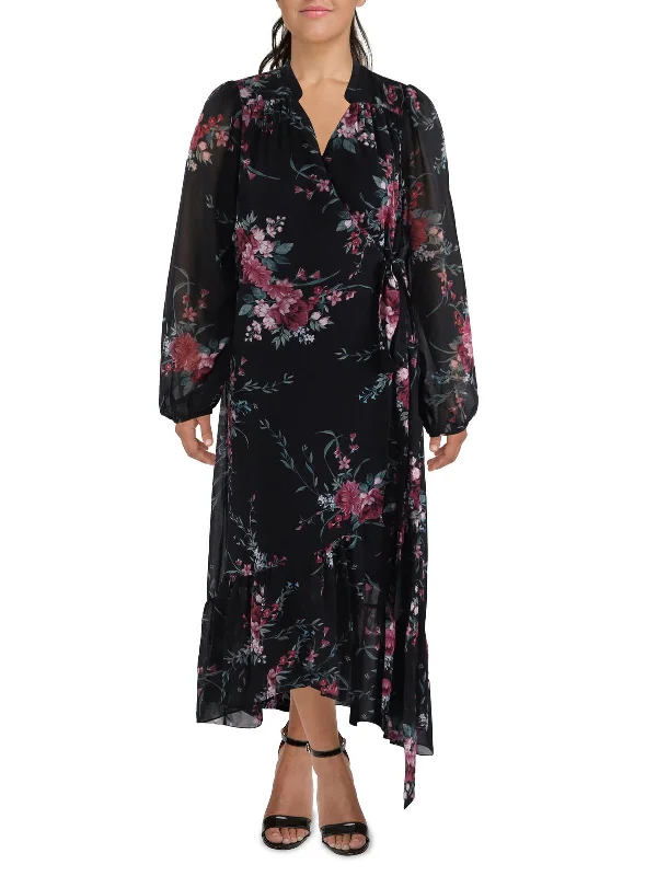 Maxi Isla Womens Floral Print Ruffled Wrap Dress