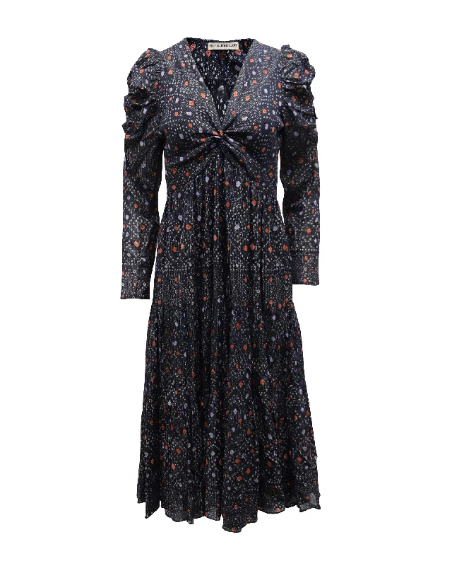 Ulla Johnson Miya Printed Dress with Twist Front Design in Navy Blue Viscose