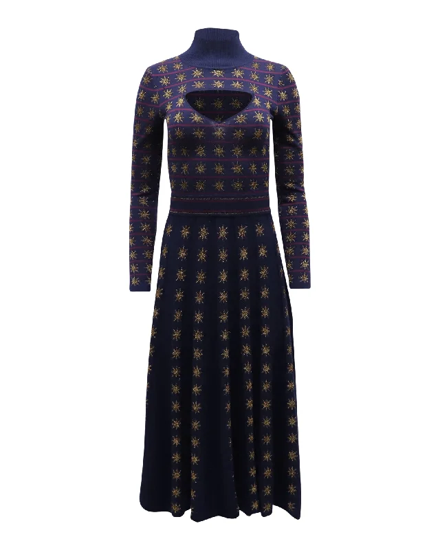 Temperley London Night Cutout Metallic Intarsia Midi Dress in Navy Wool