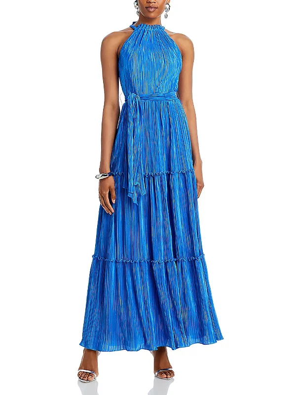 Womens Crinkled Halter Evening Dress