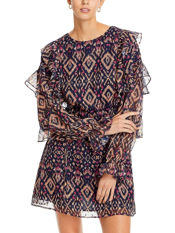 Womens Ruffled Printed Fit & Flare Dress