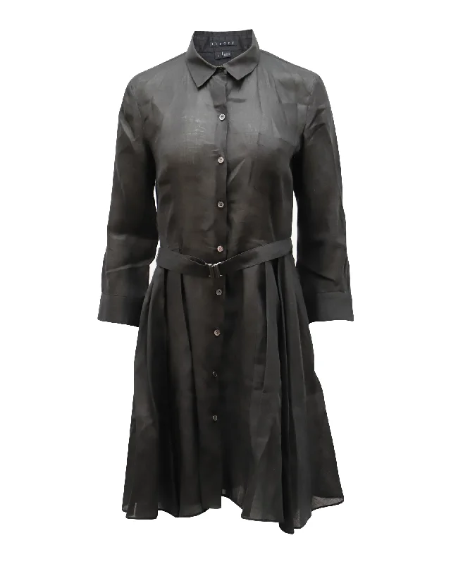 Theory Belted Shirt Dress in Black Linen