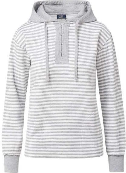 MV Sport W24128 Women's Alina Henley Hooded Sweatshirt - Heather Gray White Stripe