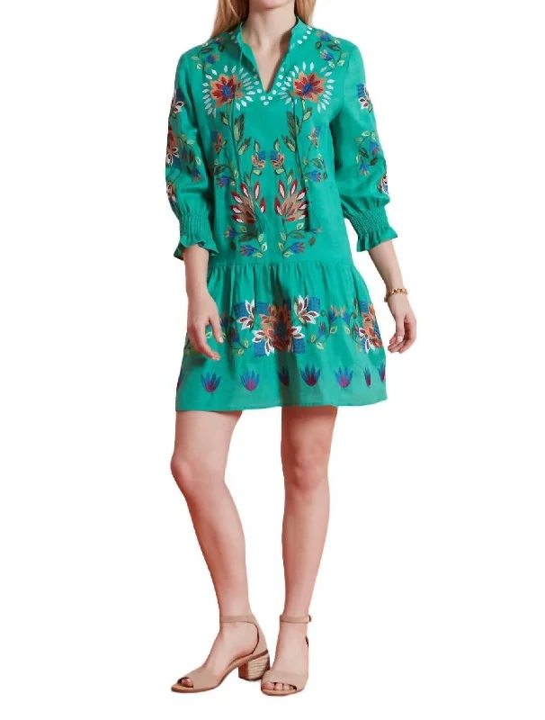 Niki Embroidered Linen Tunic Dress In Parakeet