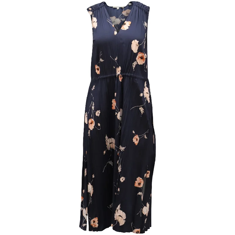 Vince Waist-Gathered Pleated Floral Dress in Navy Blue Polyester