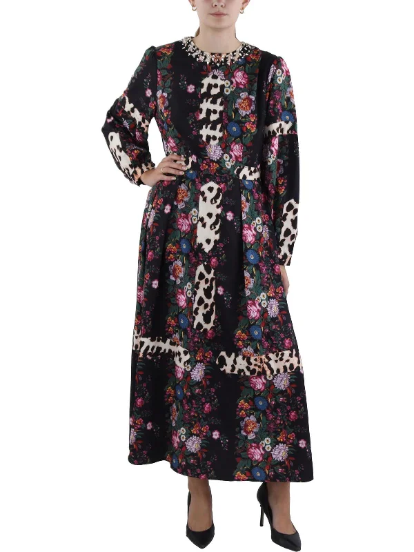 Womens Floral Print Embellished Maxi Dress