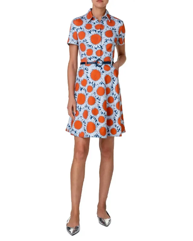 Hello Sunshine Floral Belted Denim Shirtdress In Ink Orange