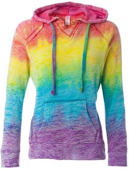 MV Sport W1162 Womens Courtney Burnout V-Notch Hooded Sweatshirt - Rainbow Stripe