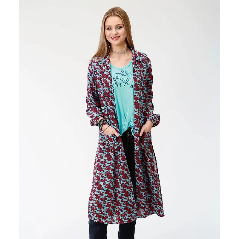 Roper Rayon Horse Pattern Red & Turquoise Womens Cardigan