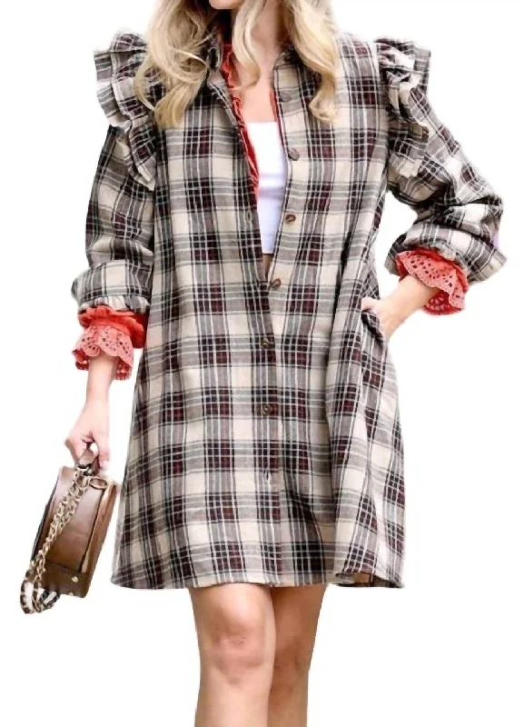 Ruffle Shoulder Plaid Tunic Dress In Brown Mix