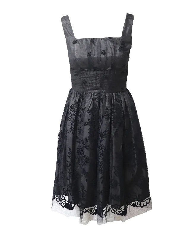 Anna Sui Sleeveless Pleated Lace Dress in Black Polyester