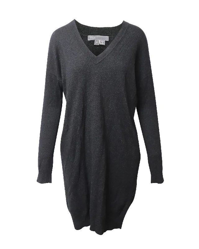 Vince Long-Sleeve V-Neck Sweater Dress w/ Pockets in Dark Grey Wool