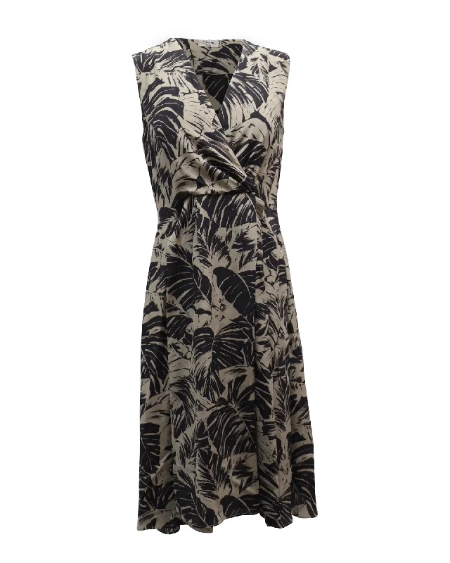 Weekend Max Mara V-Neck Palm Print Dress in Beige Cotton