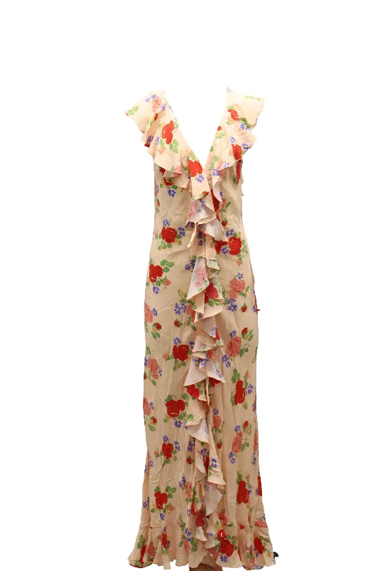 De La Vali Jolene Floral-print Deep V-neck Ruffled Dress in Beige Silk Chiffon