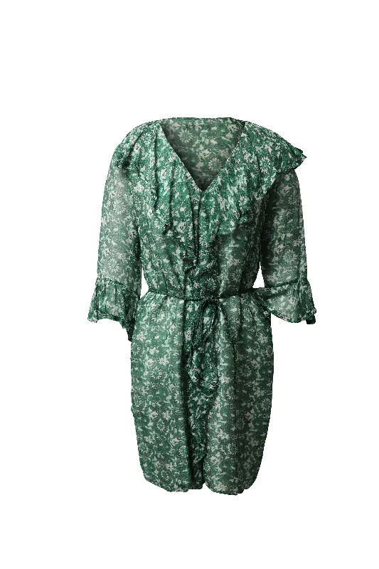 Carolina Herrera Floral  Dress With Ruffles in Green Silk