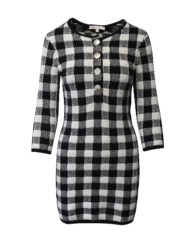 Maje Checked Knit Mini Dress in Black, White Cotton