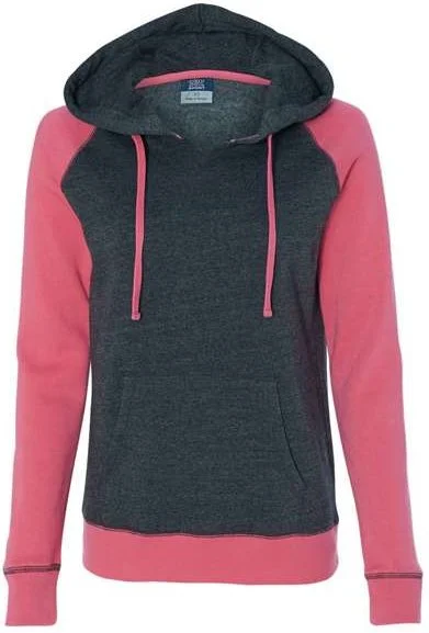 MV Sport W17127 Womens Harper Raglan Hooded Sweatshirt - Hyper Pink Charcoal