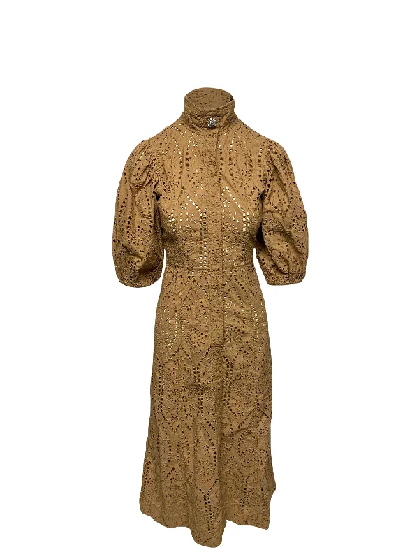 Ganni Broderie Anglaise Dress in Brown Cotton